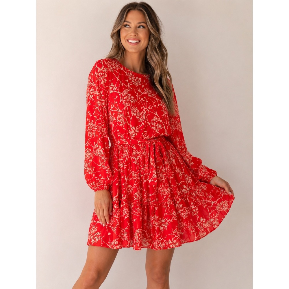 NWT Flying‎ Tomato Orange Red Floral Mini Dress Medium Balloon Sleeve Lined